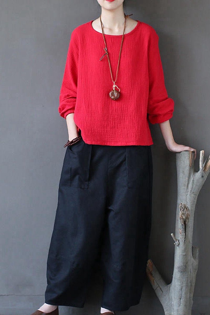 WMNS Loose Fitting Linen Pants - Side Pockets / Rolled Cuff / Green